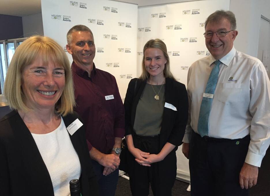 Finalists named: Charles Sturt University's Professor Tracey Green and community relations officer Courtney Haynes with chamber president Michael Mowle and Holiday Coast Credit Union board member Neville Parsons at the launch of the business awards in May. The finalists in the prestigious awards have been named.