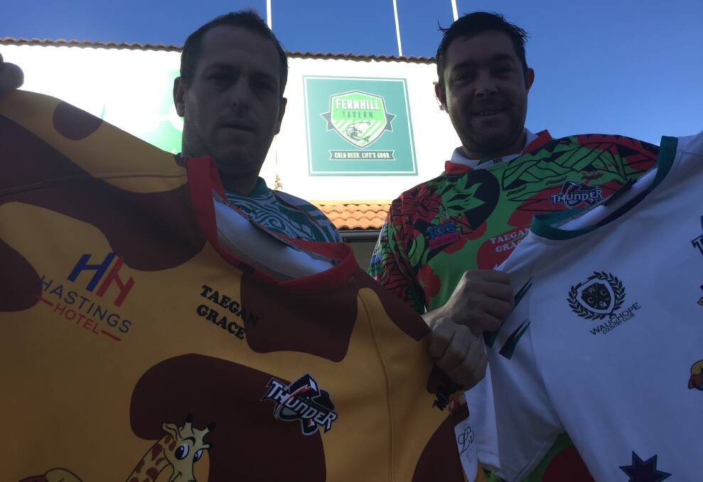 Memorial day: Wauchope Thunder first grade coach Dean Hawkins and first grade halfback and jersey co-designer Aaron Robinson are ready for Saturday's annual John Tavaga Memorial Day.