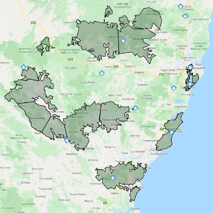 Ring of fire: This snapshot from Fires Near Me shows the extent of bushfires across the Mid-North Coast. Courtesy: Rural Fire Service