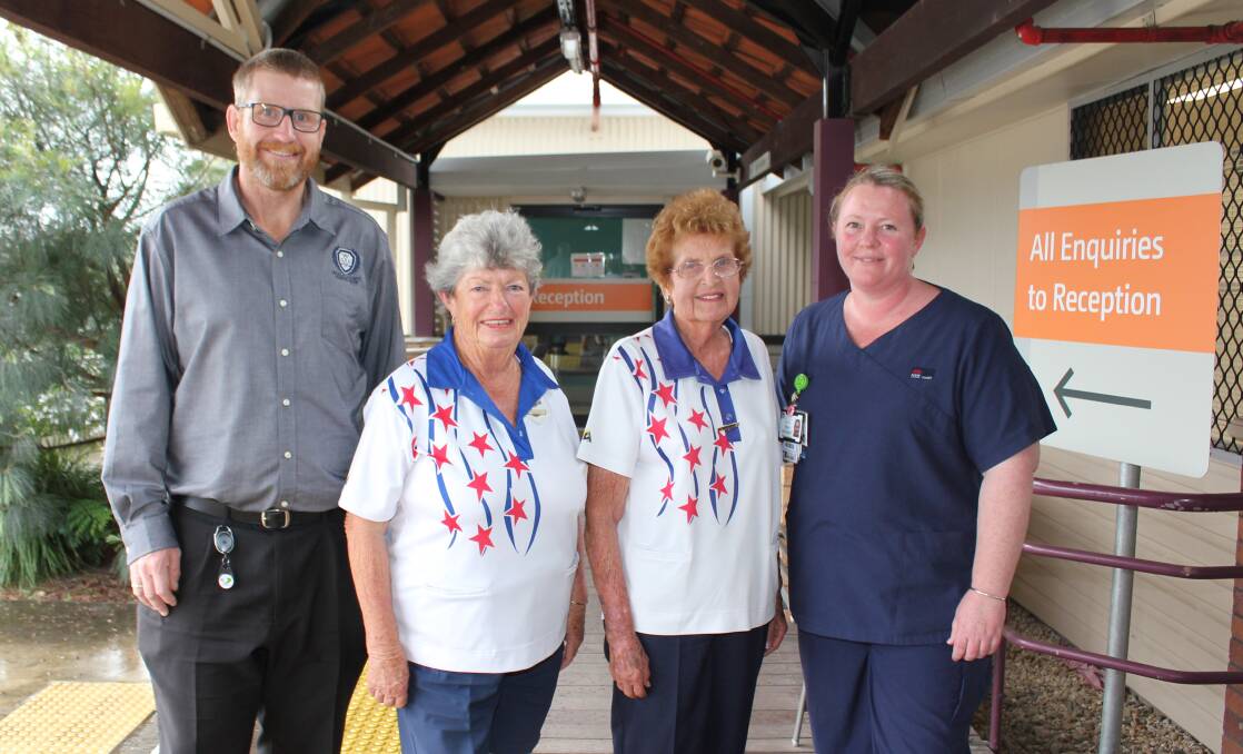 Wauchope Country Club general manager Caleb Rose and Wauchope Women's Bowling Club president, Marie Winter and patron Dorothy Galbraith with Rehab Nursing Unit manager, Kate Williams.
