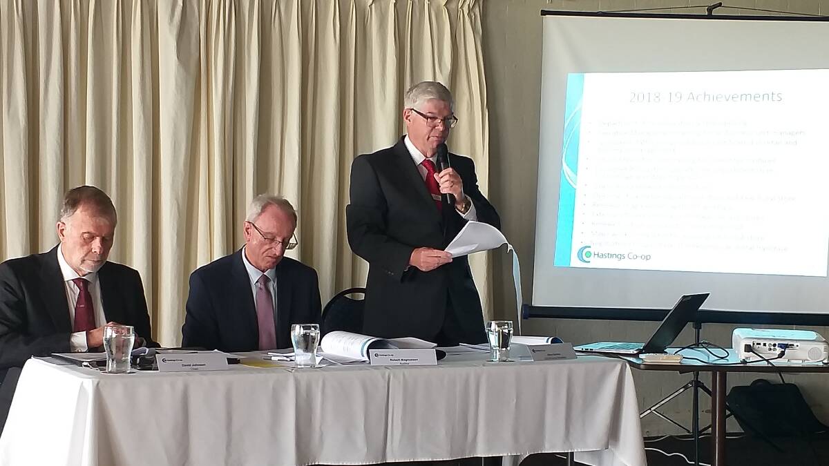GOOD NEWS AT THE AGM: Hastings Co-op chairman David Johnson, Registered Company Auditor Robert Magnussen of NorthCorp Accountants and CEO Allan Gordon. Photo supplied.