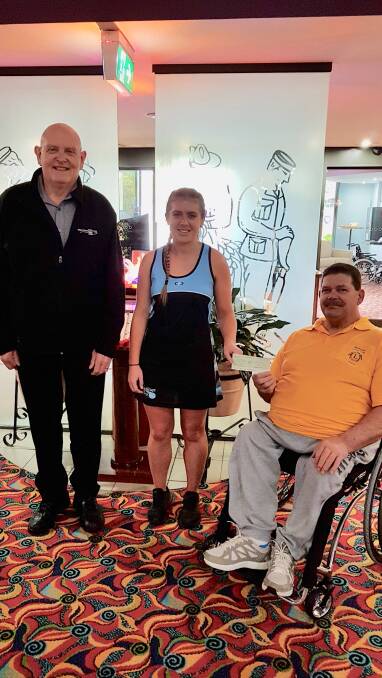 HELP FOR A YOUNG STAR: Graham Withers, secretary-manager Wauchope RSL Club, Molly Styles and Stephen Perkins, chairman of the Lions Sports Foundation.