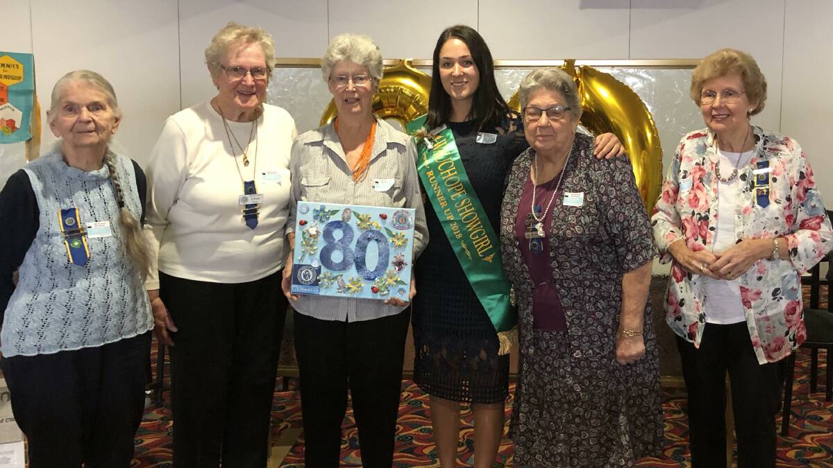 TURNING 80: June Dale, Gwen Taylor, Pam Kirby, Showgirl runner-up Jessica Prussing, Win Secombe and Pam Dein.