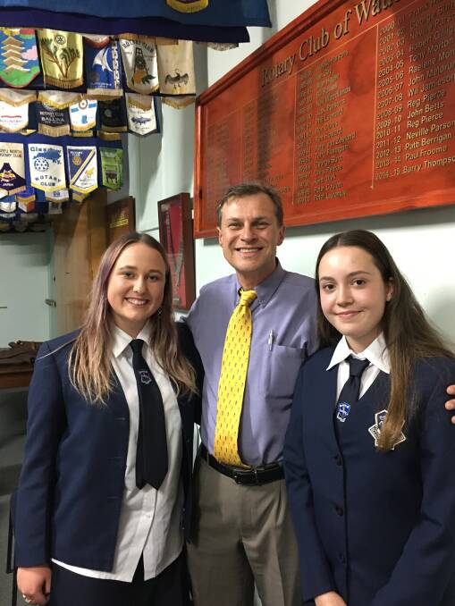 BIG NIGHT: Shannah Schroeder, Mr Houlahan and Chloe Bennetts from Wauchope High at the Rotary Public Speaking Competition. 