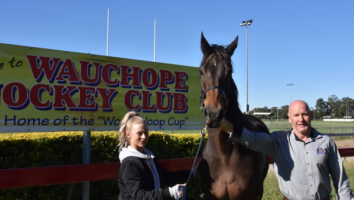 RARING TO GO: Georgia McDonnell with Cheljoe and Greg Partridge, president of Wauchope Jockey Club, looking forward to Saturday's meeting.