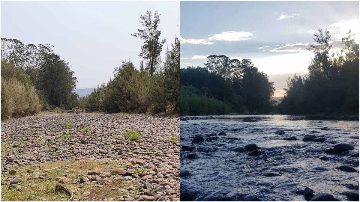 STONY GROUND: The Hastings River at Pipeclay now (left) and the same spot on New Years Eve 2018 just over a year ago. Photo courtesy of Lisa France.