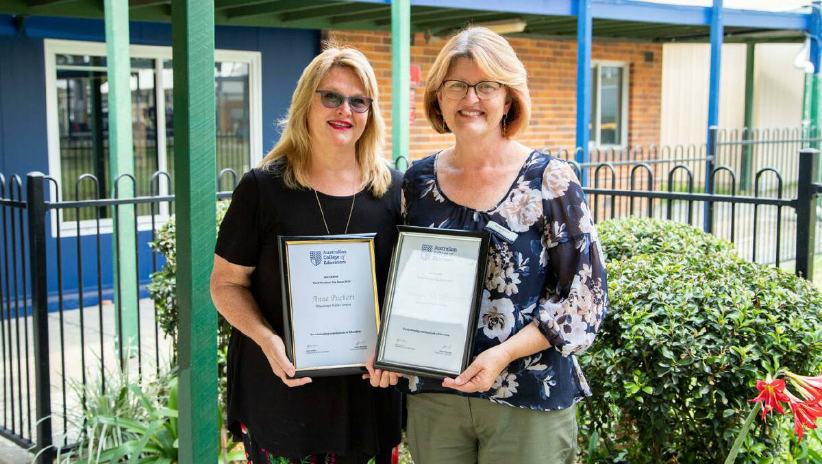 STARS IN THE CLASSROOM: Anne Puchert and Lyn McWhirter from Wauchope Public School with their World Teachers Day awards. Photo: Jens Lindner.