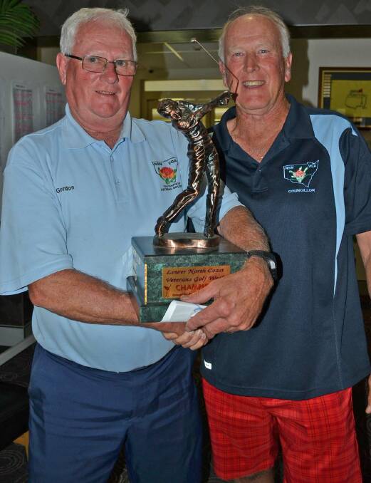 CHAMP: 36 hole over the field WOG winner, Gordon Fletcher presented with his trophy by NSW Veterans Association councillor, Peter Taylor.
