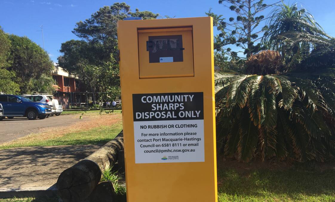 A Community Sharps Disposal bin at Lord Street in Port Macquarie. 