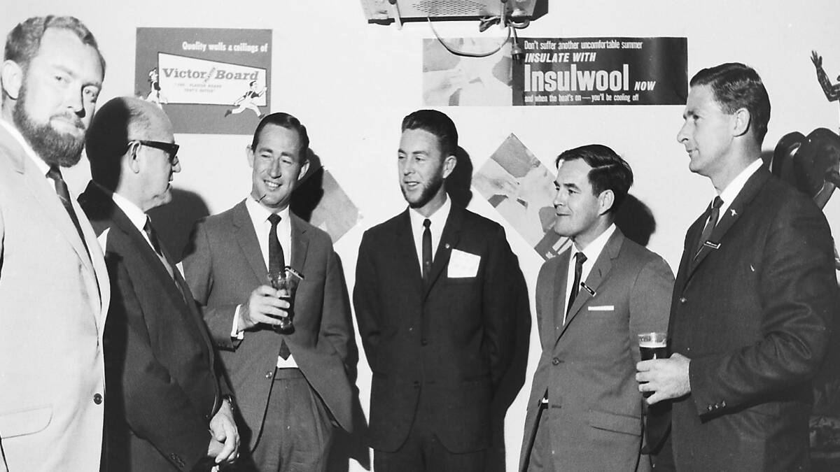 Movers and shakers: Brian Heagney, at left, with mayor Mac Adams, second from left, at a Gypsum promotional night, 1968.