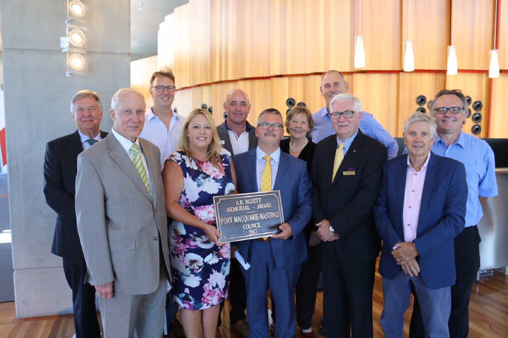 Deserved recognition: Three judges of the AR Bluett Memorial Award with Port Macquarie-Hastings Council mayor Peta Pinson, general manager Craig Swift-McNair, deputy mayor Lisa Intemann, former mayor Peter Besseling and councillors Rob Turner, Lee Dixon, Geoff Hawkins and Peter Alley.