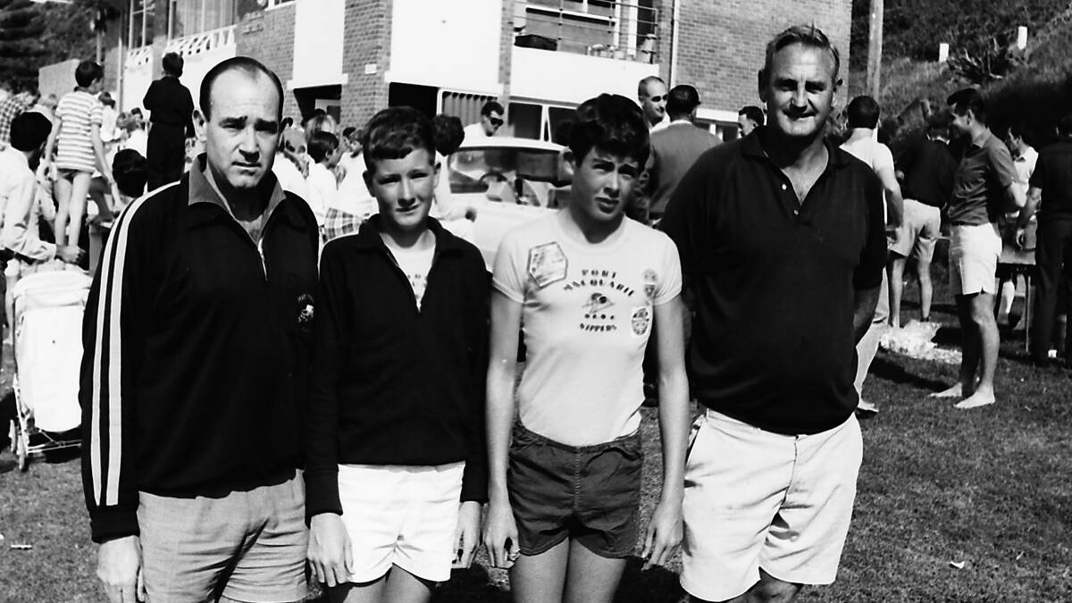 Nipper leaders John Dingle (left) and Dono Henry with Most Improved Nipper of the Season, Lindsay Lewis (left) and Nipper of the Year, Peter Waters, 1969