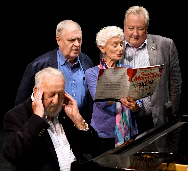 Max Gillies, Benita Collings, John Woods and maestro Geoff Harvey at the piano in Senior Moments.