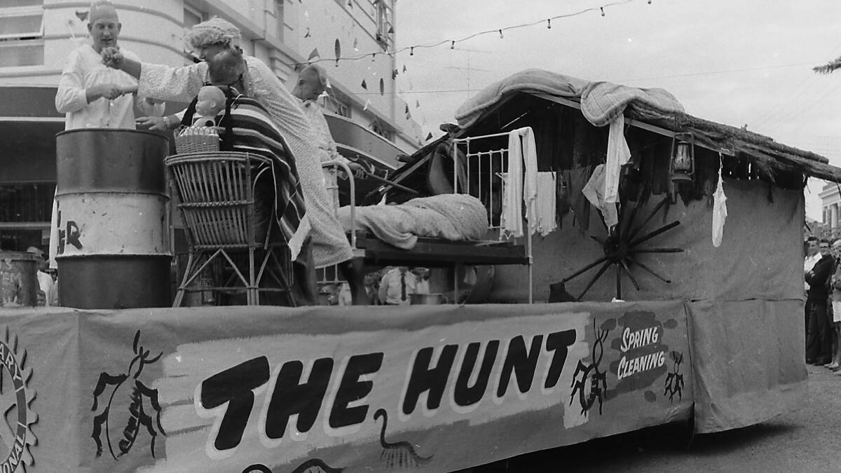In the hunt: Rotary’s float ‘The Hunt’ with Ted Townsend, Dick Gentle, Roger Dulhunty and Charlie Huxley doing the spring cleaning, 1963.