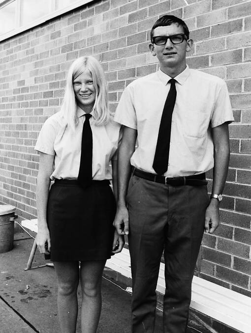 Last day: Port Macquarie High School captains Eleanor Thurling and Alex Hicks about to leave school for the last time before final exams, 1970.