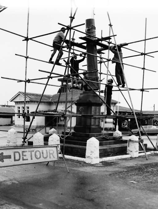 History repeats: Workmen dismantle the Soldiers Memorial for its move after nearly half a century, 1969.