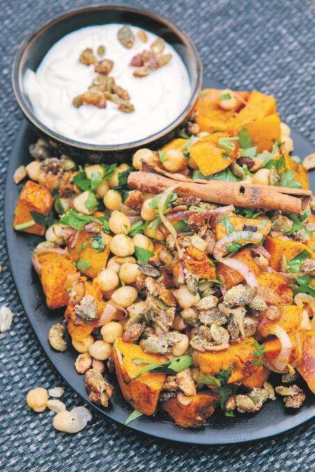 Cinnamon pumpkin with chickpeas, tahini and candied pumpkin seeds. Picture: Luisa Brimble