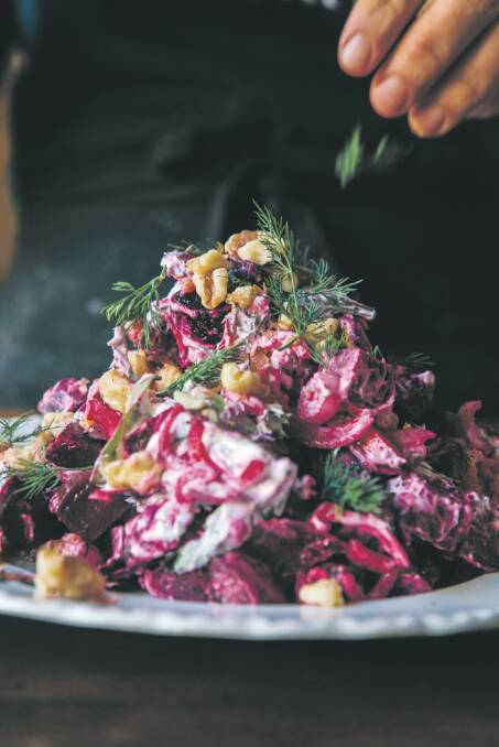 Beetroot with dill creme fraiche and walnuts. Picture: Luisa Brimble
