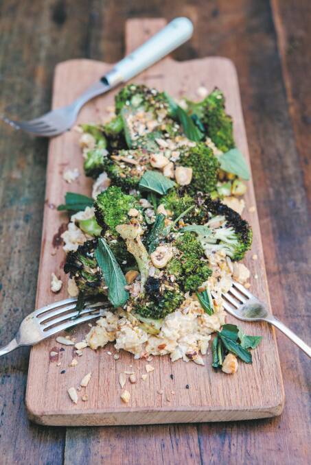 Smashed chickpeas with broccoli and dukkah. Picture: Luisa Brimble