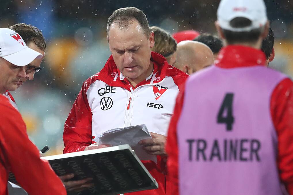 Swans coach John Longmire talks to his team during the match against Richmond at The Gabba on Sunday. Photo: Jono Searle/Getty Images