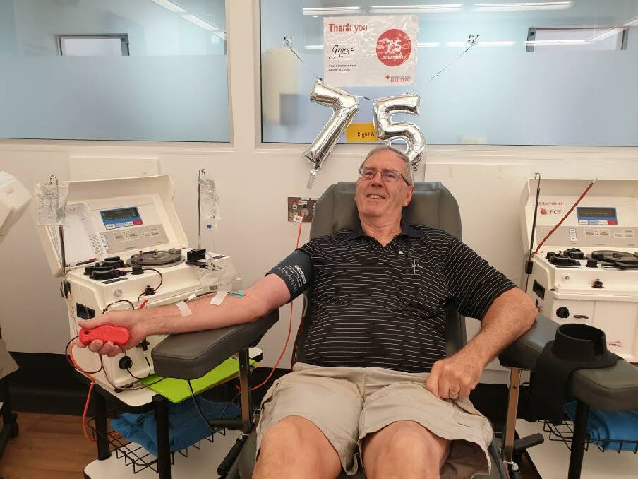 LIFESAVER: George Campbell from Wauchope at the Port Macquarie Blood Centre during his 75th donation.