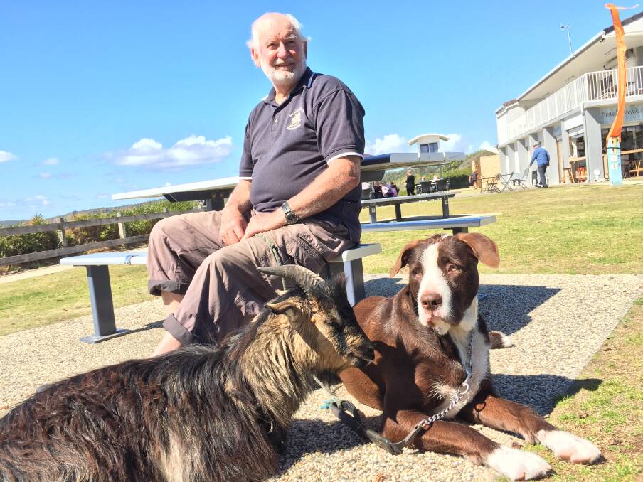 Gary Angel often visits North Haven Beach with his goat Benji and dog Bear. Photo: Liz Langdale. 