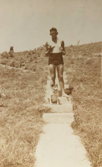 Arthur on the steps which himself and his sons made in 1938 to lead down to Bartlett's Beach. Photo was taken in 1944. 