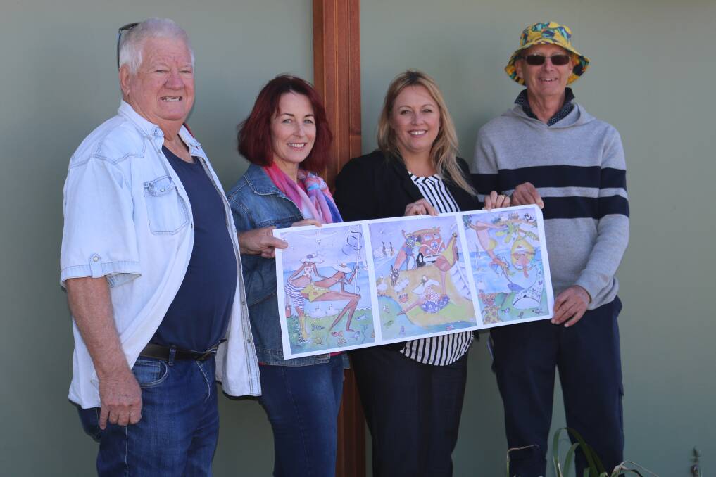 Community project: Local artist Brian Barker, mural competition winner Kim McLean, Port Macquarie-Hastings Council Mayor Peta Pinson and Bonny Hills Progress Association president Roger Barlow. Photo: supplied. 
