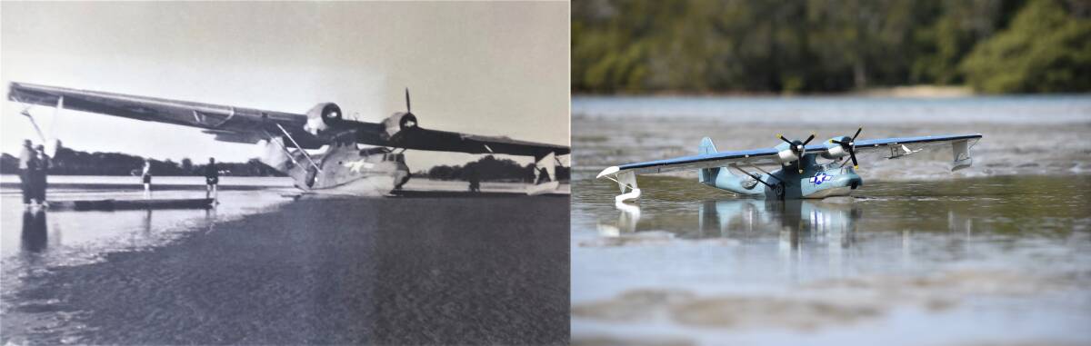 History: Bob Hope's 1944 Catalina (left) with Lakewood resident Bob Craine's model plane (right) to pay tribute to the event from 75 years ago. Photos: Camden Haven Historical Society and Kate Dwyer. 