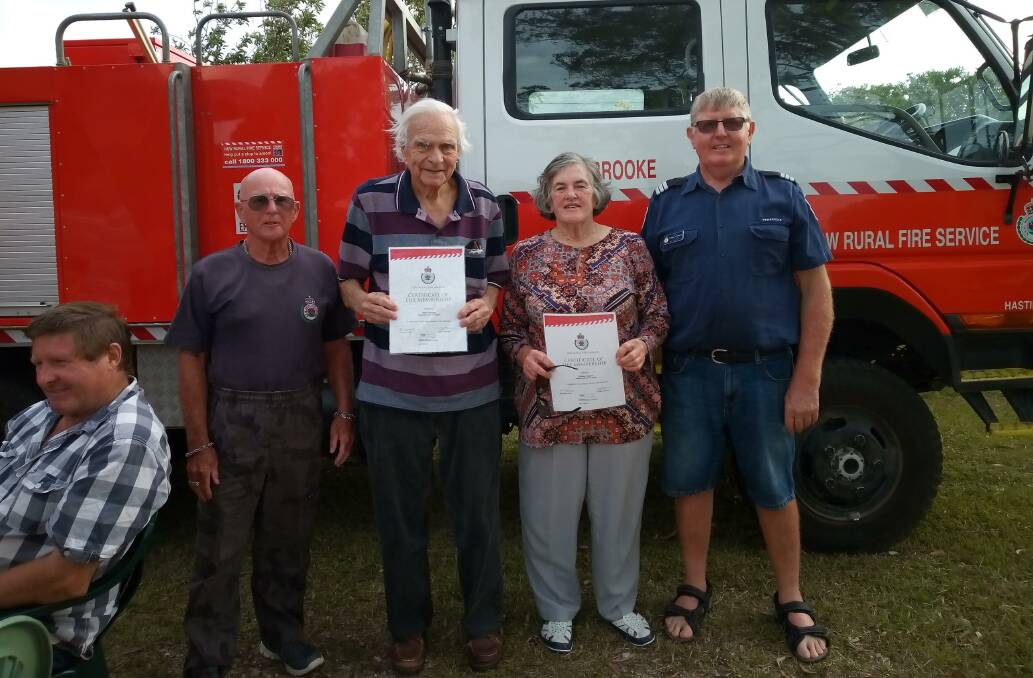 Congratulations: Terry Hill (Brigade member) Peter and Desley Grieve and Rod Clayworth (Brigade Captain).