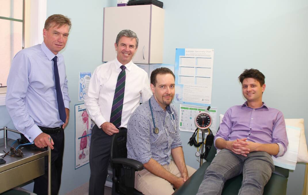 Mid North Coast LHD CEO Stewart Dowrick, Federal Assistant Health Minister and Lyne MP Dr David Gillespie, Flynns Beach Practice Owner Dr Jason Heise and Jake Ash.