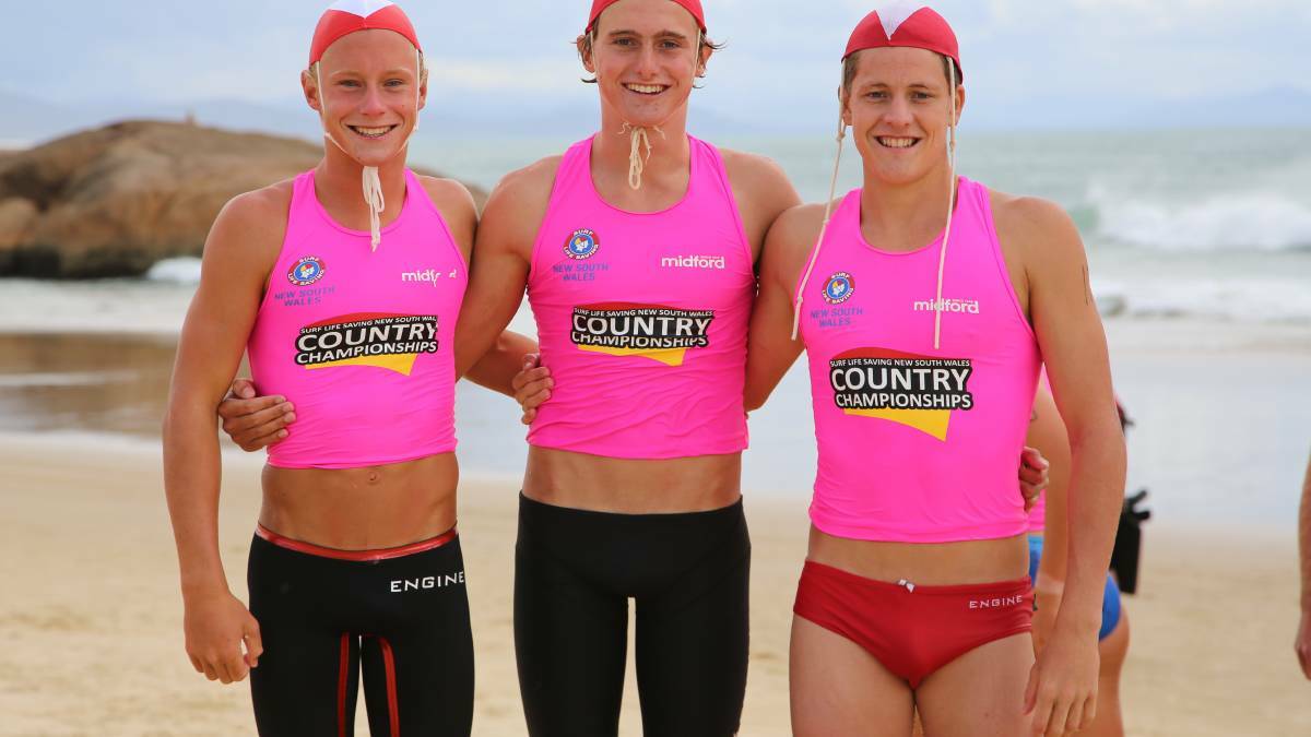 SURF LIFE SAVING: Max Milligan, Finn Askew and Tom Osborne took out gold for Tacking Point at the NSW Surf Life Saving Country Championships in 2018. Photo: SLSNSW.