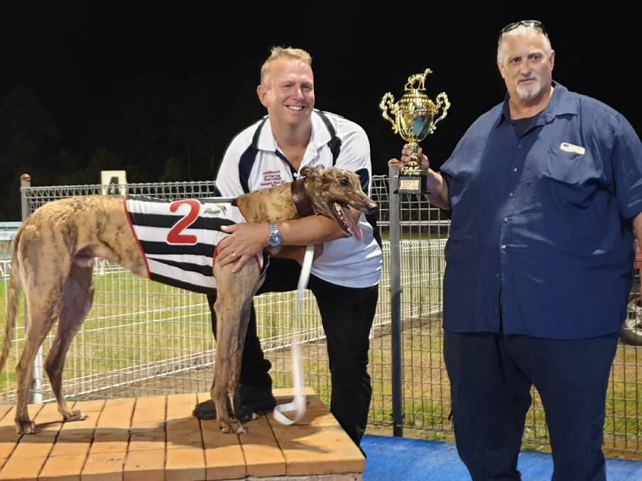 WELL AHEAD OF THE PACK: Skilled and trainer Tony Brett won the Tweed Heads Border Park Wauchope Challenge, presented by Border Park sponsor Steve McGrath. Photo: Supplied/Hastings River Greyhound Racing Club.