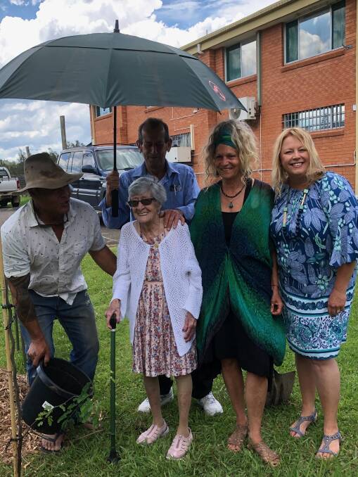 LASTING LEGACY: Rosa Belcher celebrating her 102nd birthday with a special tree planting at Telegraph Point. Photo: Supplied/Pam Mcardle.