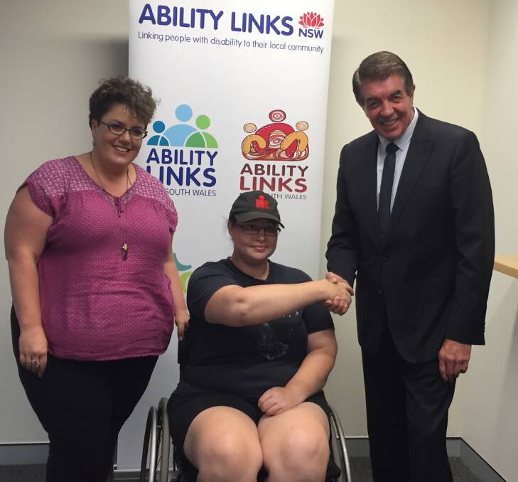 Innovative program: Ability Links NSW linker Katelyn Williams and participant Mandie Young meet NSW Disability Services Minister Ray Williams.