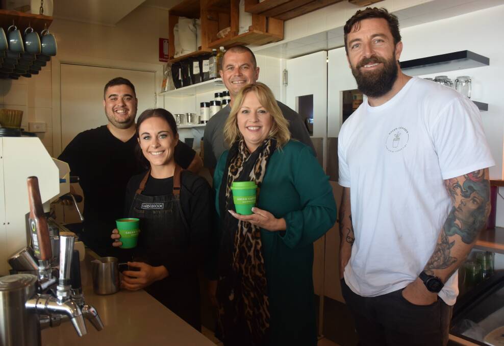 Choose to reuse: Latif Ucdereli and Ebony Finn from Sandbox, Green Caffeen founder Damien Clarke, mayor Peta Pinson and Green Caffeen founder Martin Brooks support the swap and go reusable coffee cup scheme.