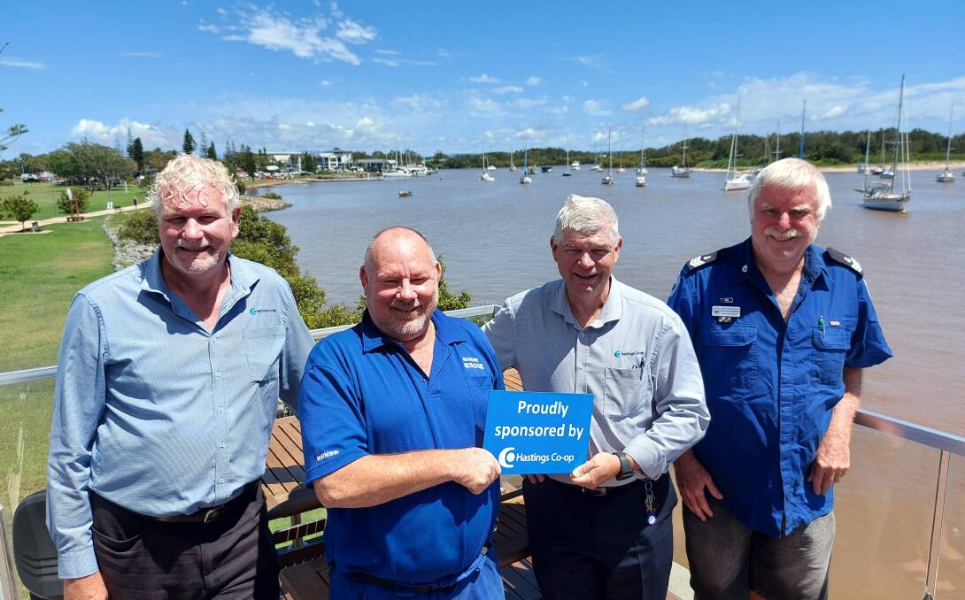 Helping hand: Hastings Co-op community engagement manager Tim Walker, Marine Rescue Port Macquarie unit commander Greg Davies, Hastings Co-op CEO Allan Gordon and skipper Reg McGlashan at the presentation of the Community Chest grant.