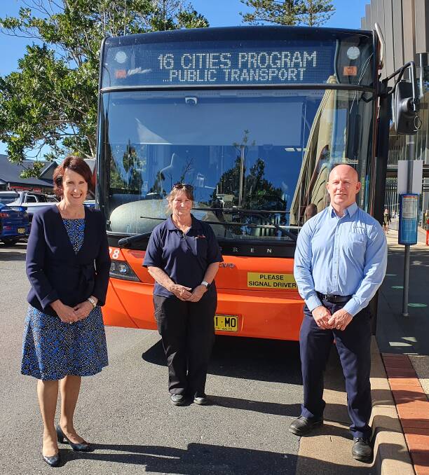More travel choice: Port Macquarie MP Leslie Williams, bus driver Kathy Curry and Busways regional support manager - lower Mid North Coast Mark Lawrence promote the improved bus network.