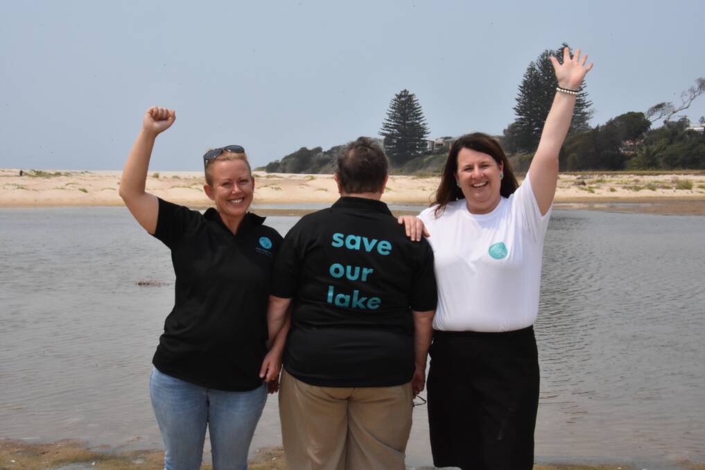 All smiles: Revive Lake Cathie committee members Tess Herbert, Kate Ashton and Danielle Maltman celebrate the council's decision about the Lake Cathie opening. Photo: Laura Telford