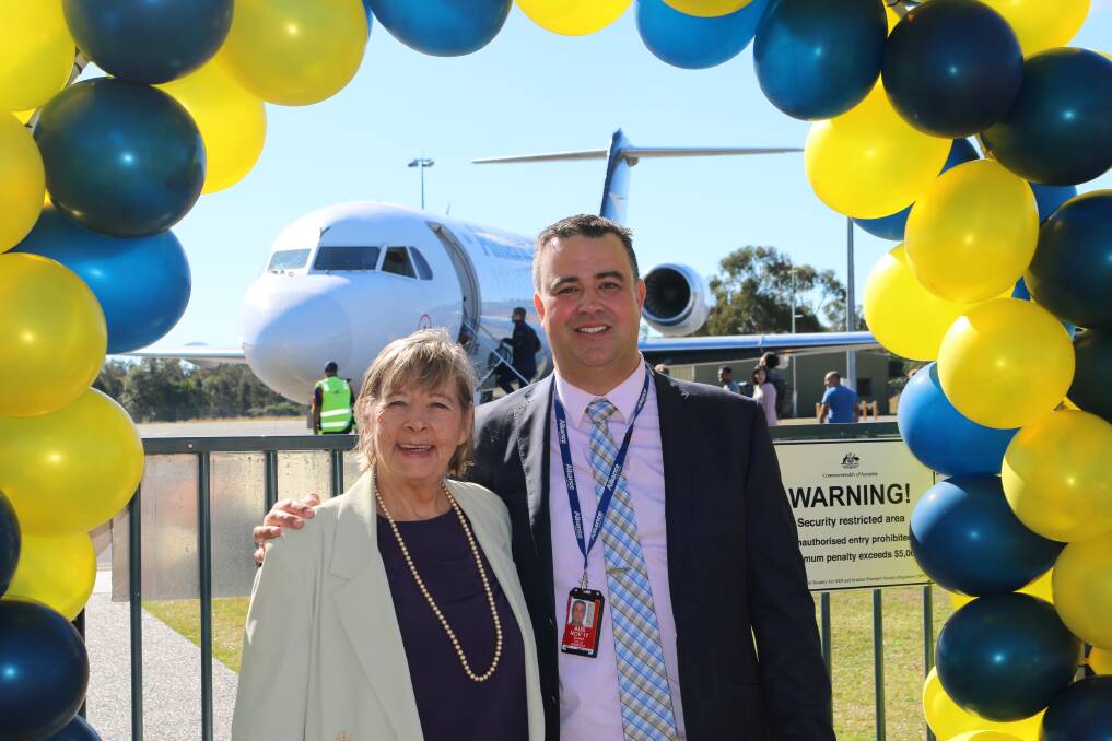 Faster flight times: Deputy mayor Lisa Intemann and Alliance Airlines general manager operations Stewart Tully welcome the jet service between Port Macquarie and Brisbane.