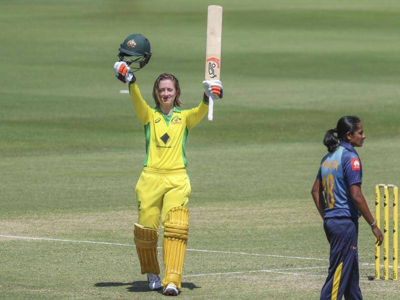 Australia's Rachael Haynes celebrates scoring a century against Sri Lanka.