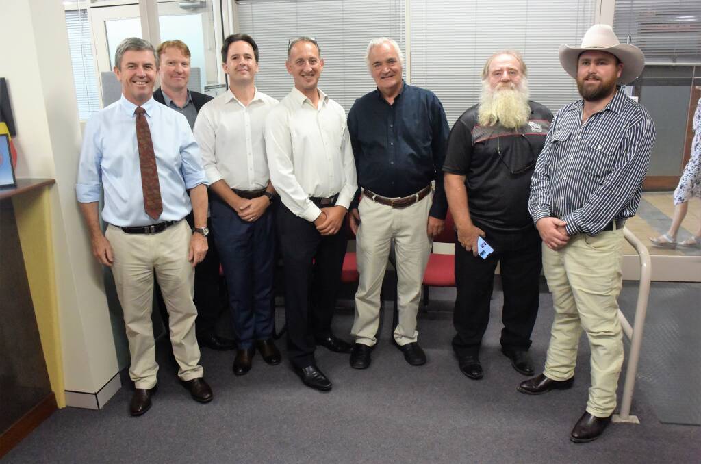 Election time: Dr David Gillespie, acting divisional returning officer Scott Morrison, Jeremy Miller, Ed Caruana, Phil Costa, Garry Bourke and Ryan Goldspring at the ballot draw. Other candidates were not present.