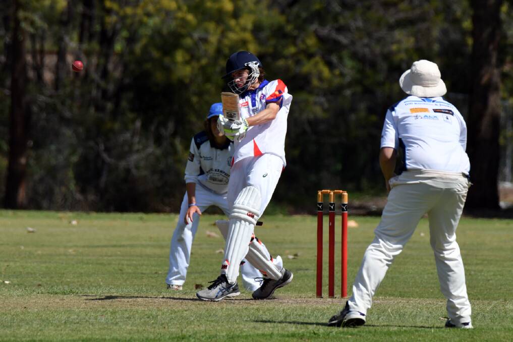 On debut: Manning Lawrie smacks a big shot in his first outing for Wauchope first grade. 
Photo: Ivan Sajko